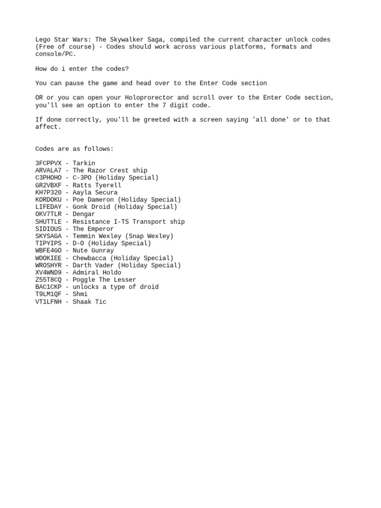 Skywalker Saga Character Unlock Codes | PDF