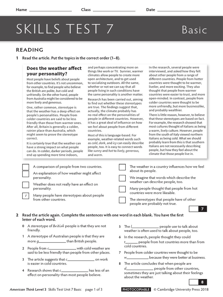 Amthink L3 Skills Test Basic Unit 07 | PDF | Stereotypes | Cognition