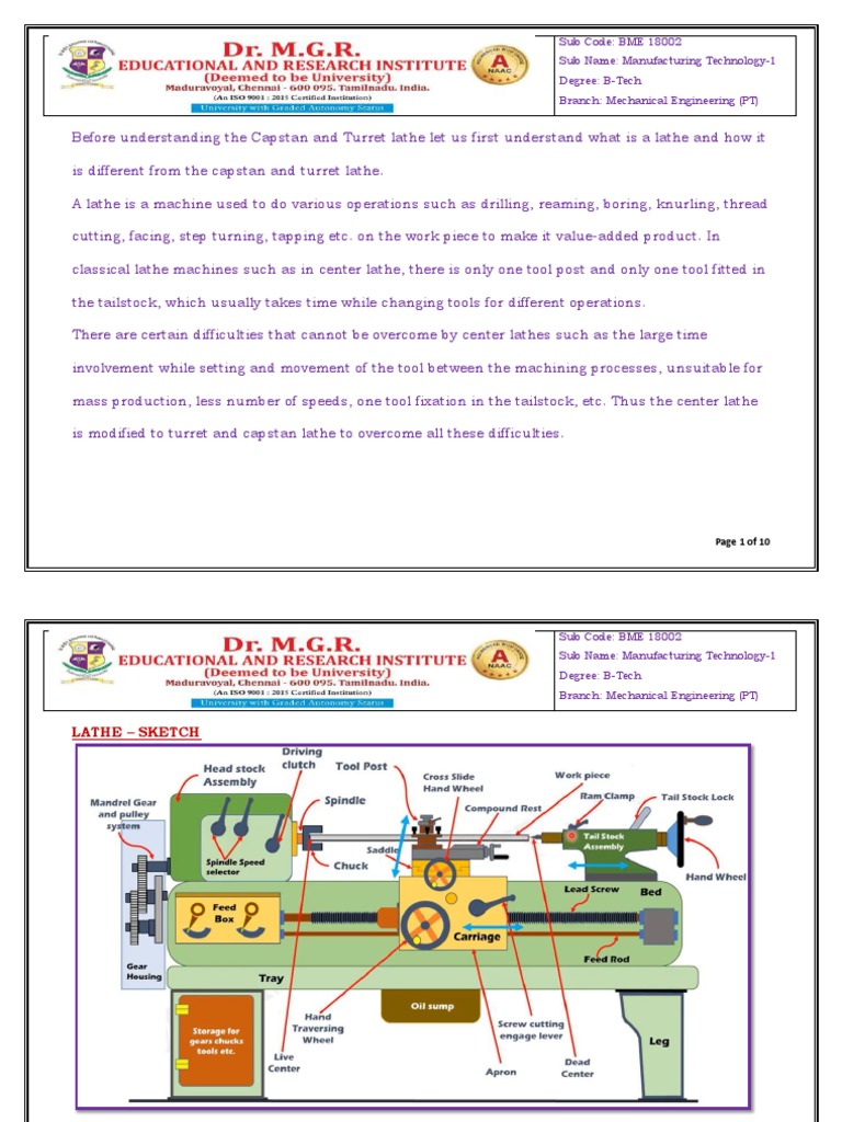 Capstan and Turret Lathe Notes PDF Industrial Processes Crafts
