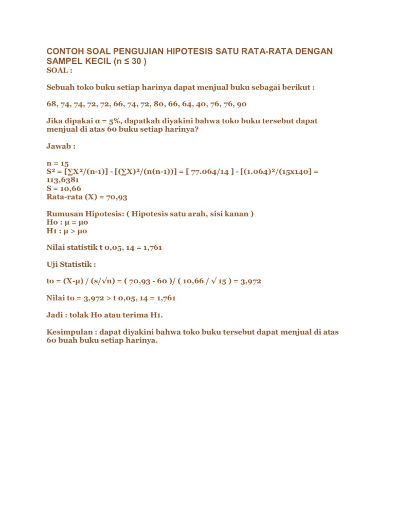 Contoh Soal Pengujian Hipotesis Satu Rata