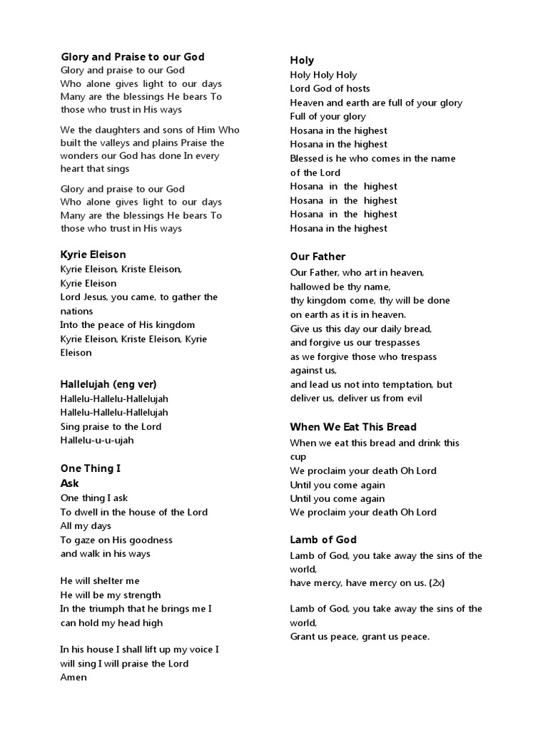 Choir Lyrics For Mass Foundation Day PDF Lord's Prayer Worship