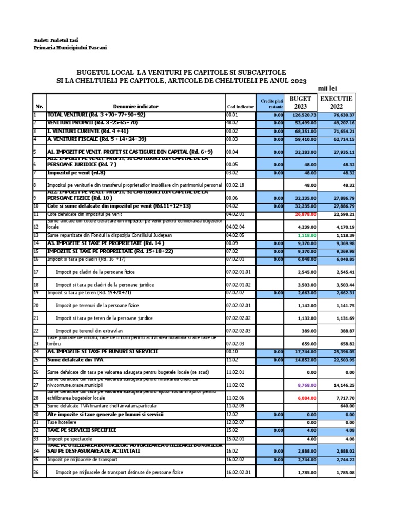 Anexa 1 - Bugetul de Venituri Si Cheltuieli - Pașcani 2023 | PDF