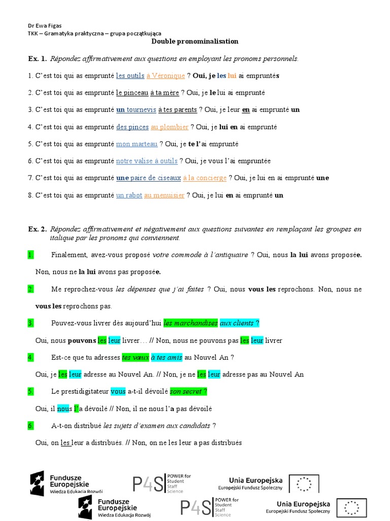 Exercices de double pronominalisation | PDF | Pronom | Échecs