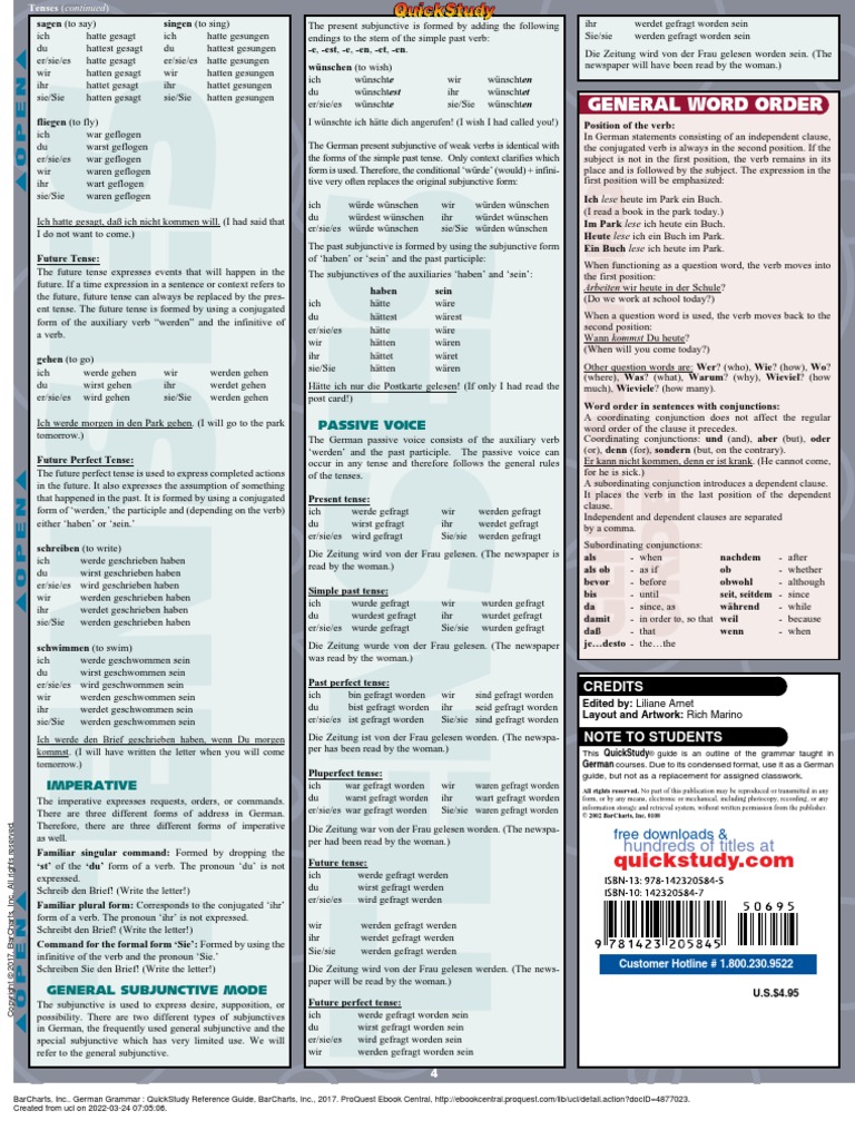 German Grammar QuickStudy Reference Guide - (PG 1 - 2) | PDF