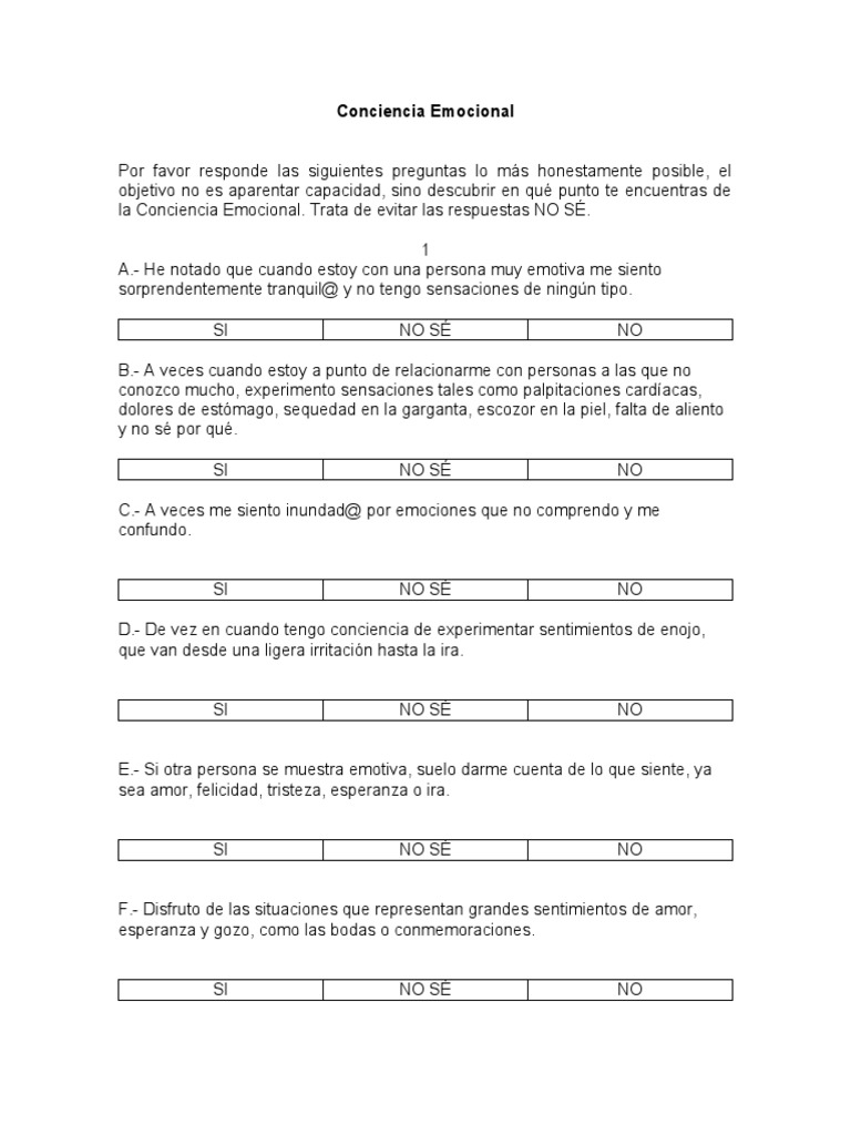 Cuestionario Conciencia Emocional | Descargar gratis PDF | Ira | Las ...