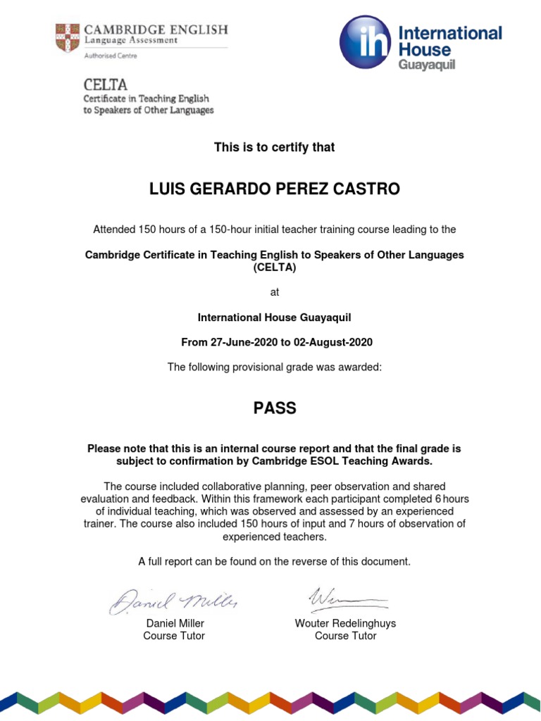 CELTA Course Completion Certificate | PDF | Teaching Method | Cognition