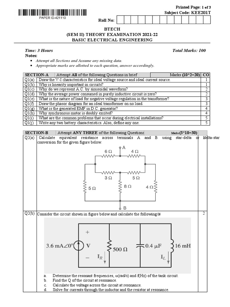 Analysis of Basic Electrical Engineering Exam Questions Covering
