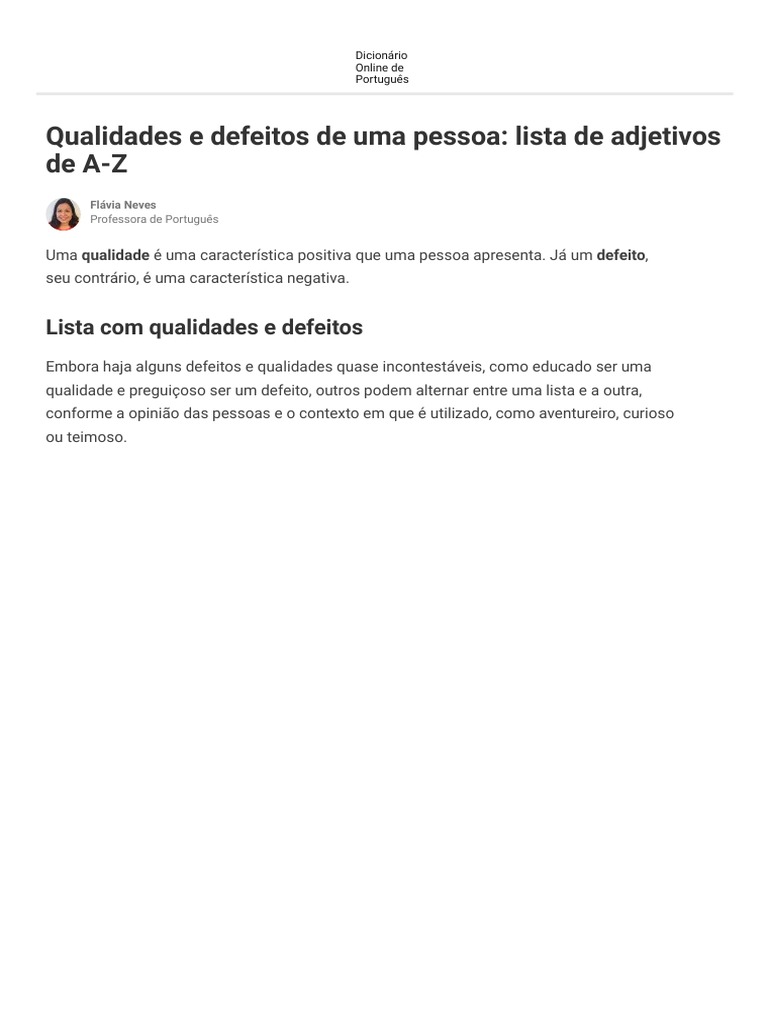 ADJETIVOS - Qualidades e Defeitos de Uma Pessoa - Lista de Adjetivos de ...