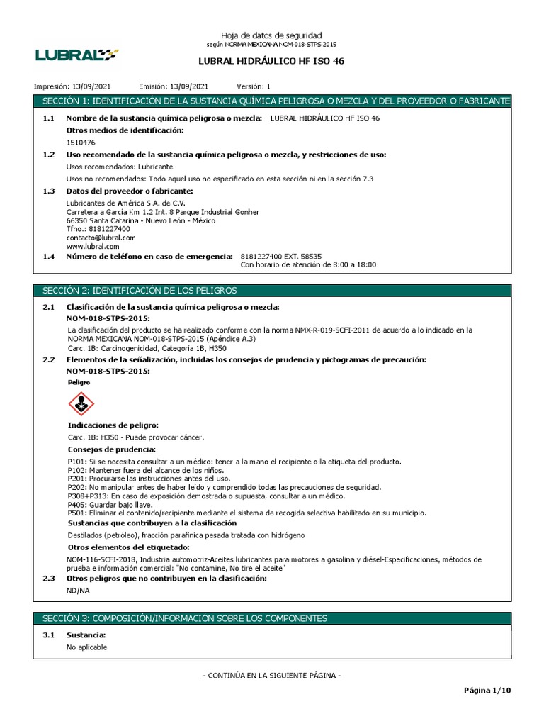 Lubral Hidraulico HF ISO 46 | PDF | Residuos | Gestión de residuos