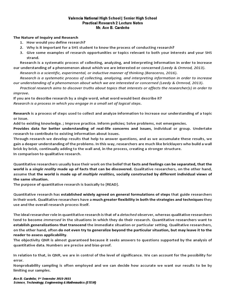 Lecture Notes - Practical Research 2 1 | PDF | Level Of Measurement ...