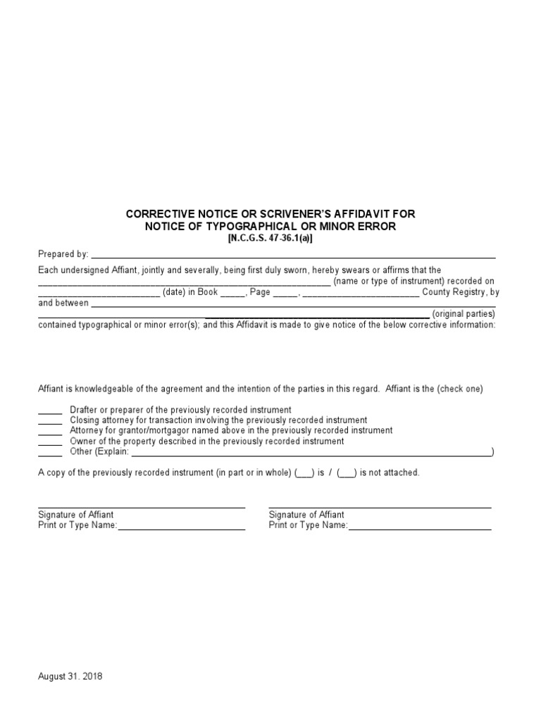 Scrivener’s Affidavit for Minor Errors | PDF