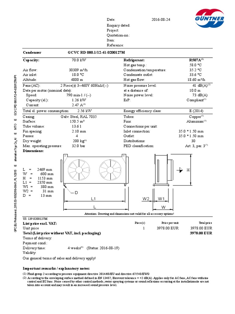 70 kW Condenser Specifications and Quote | PDF | Mechanical Engineering ...
