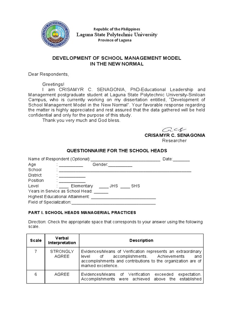 Questionnaire For The School Heads PDF Teaching Method Teachers