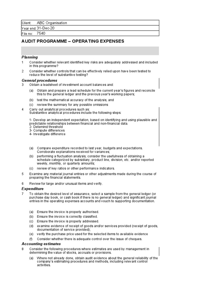 Audit Programme for Operating Expenses | PDF | Receipt | Audit