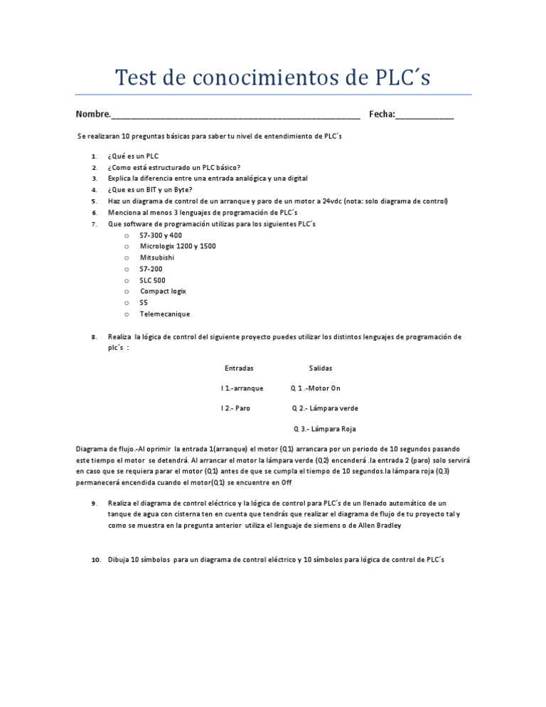 Test de Conocimientos sobre PLCs | PDF | Tecnología