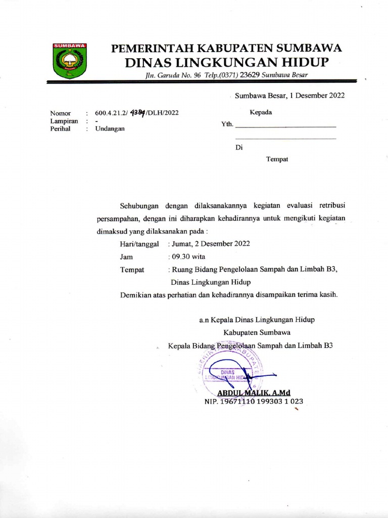 Undangan Evaluasi Retribusi 3 Nov | PDF