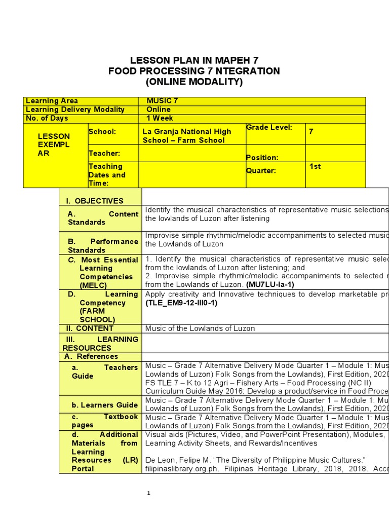 Music 7 Lesson Exemplar (Food Processing Intergation) PDF Tagalog