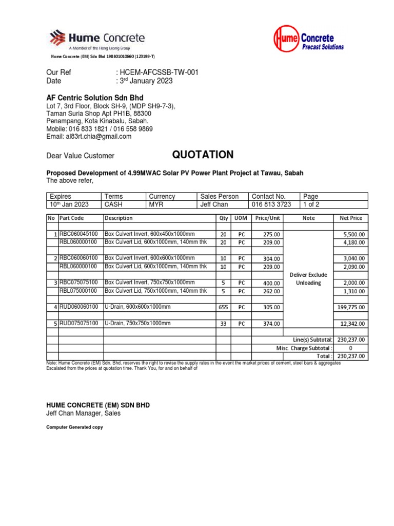 Proposed Quotation for the Supply and Delivery of Precast Concrete
