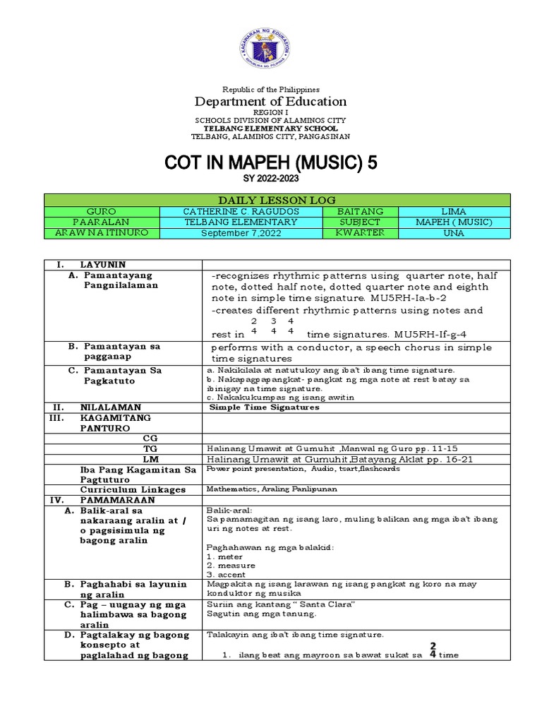 COT in MUSIC 5 Time Signature PDF