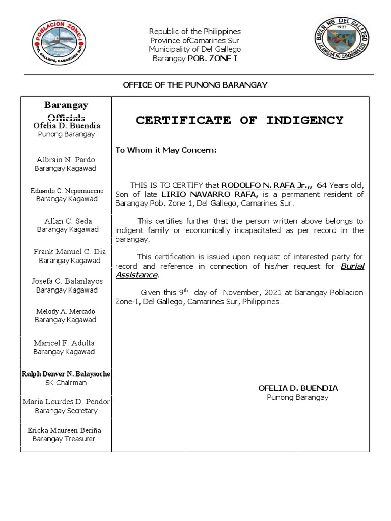Indigency Certificate for Burial Assistance | PDF