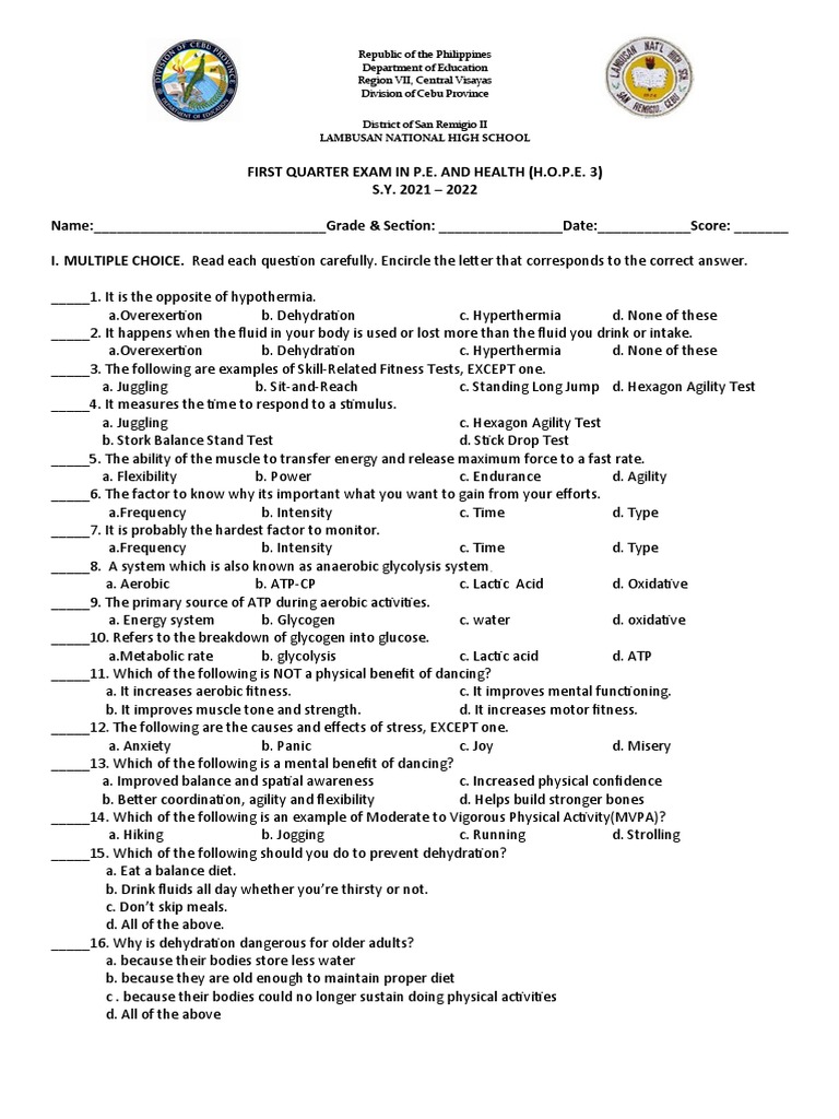 p.e. 1st Quarter Exam PDF Physical Fitness Cellular Respiration