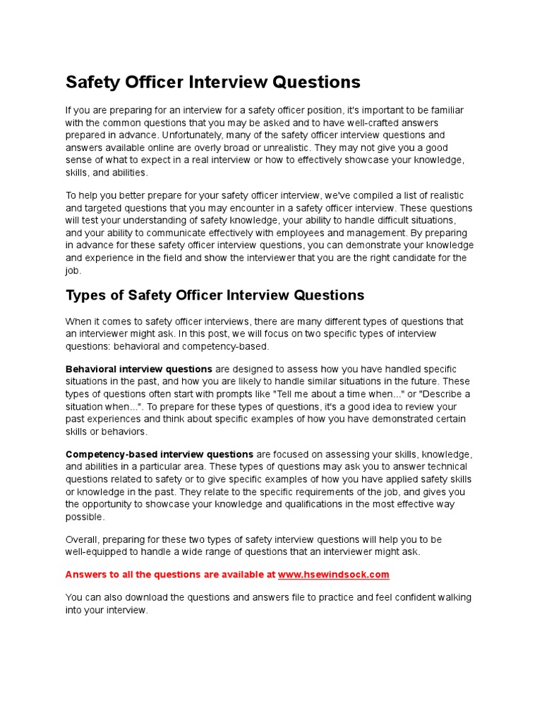 Safety Officer Interview Question PDF Occupational Safety And