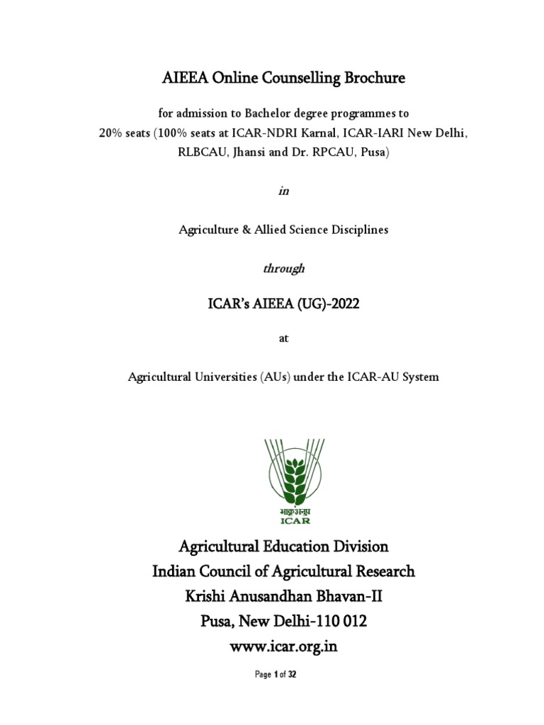 ICAR AIEEA UG 2022 Counselling Guide | PDF | University And College ...
