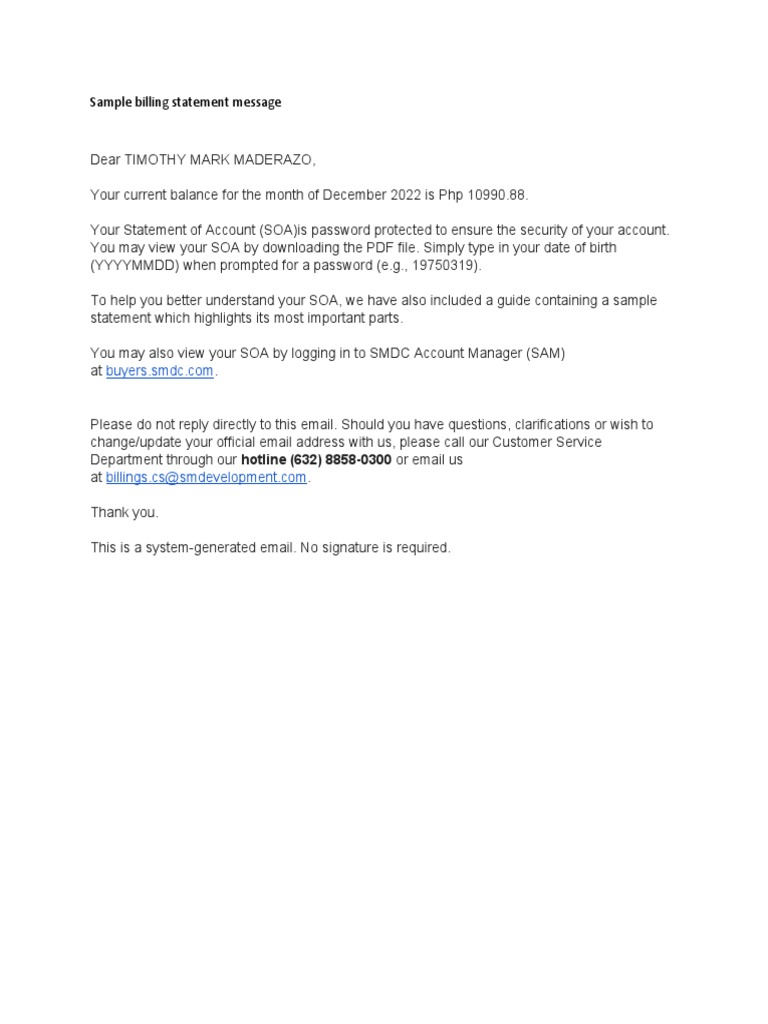 Sample Billing Statement Message | PDF