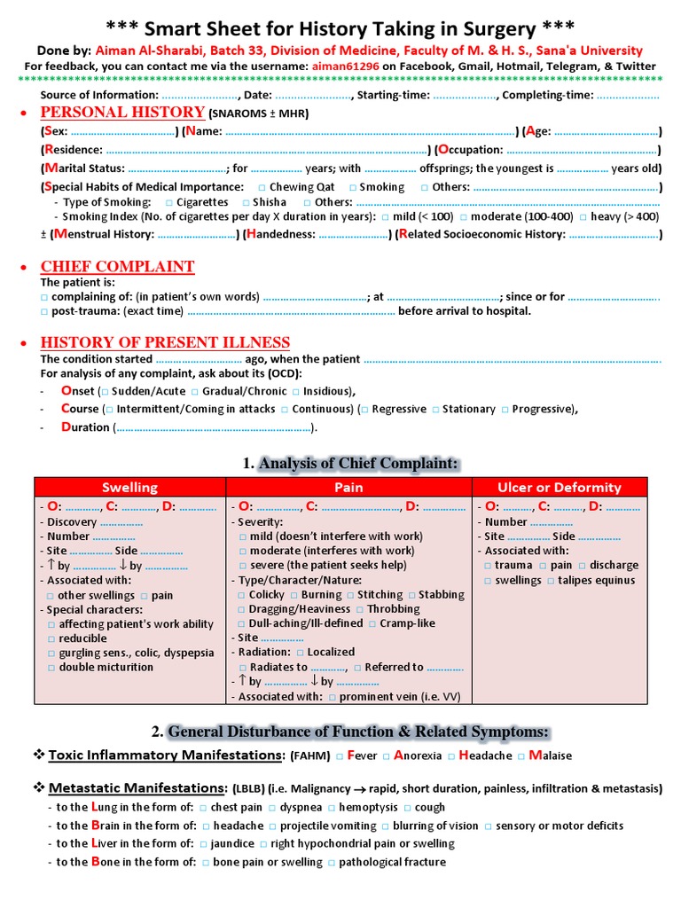 Surgical History Taking Template | PDF | Ischemia | Paresthesia