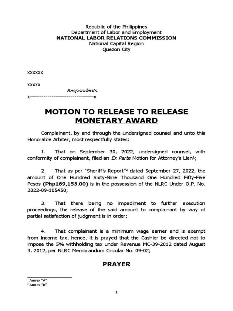 Motion To Release To Release Monetary Award: National Labor Relations ...