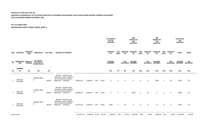 Quarterly Report of Payees Subject to Expanded Withholding Tax and ...