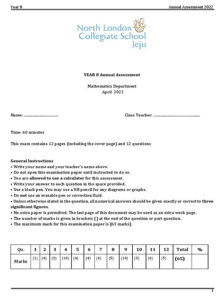 Year 8 Mathematics Annual Assessment 2022 | PDF | Mathematics