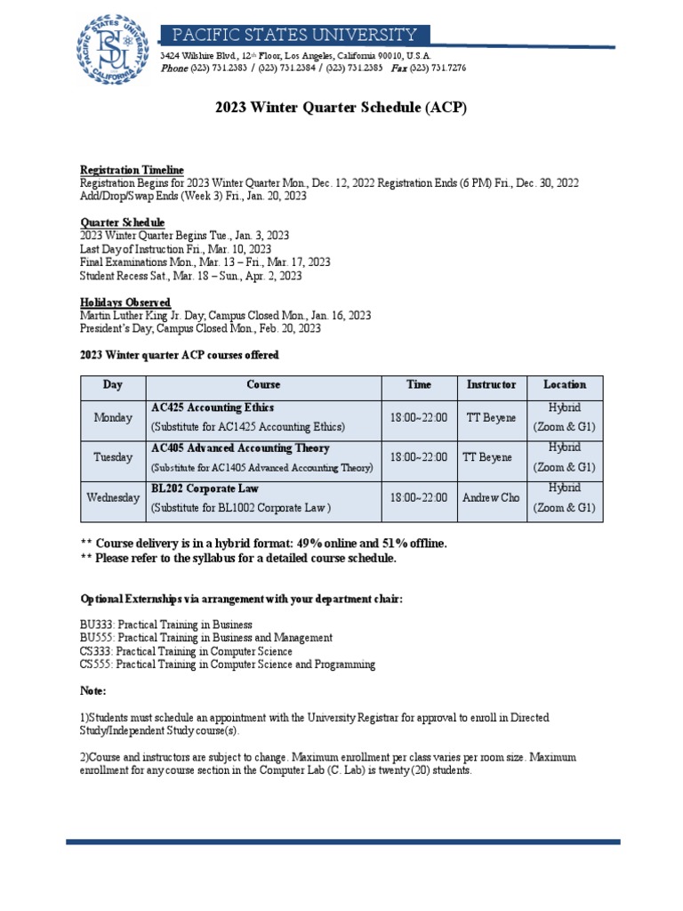 2023 Winter Quarter Schedule ACP | PDF