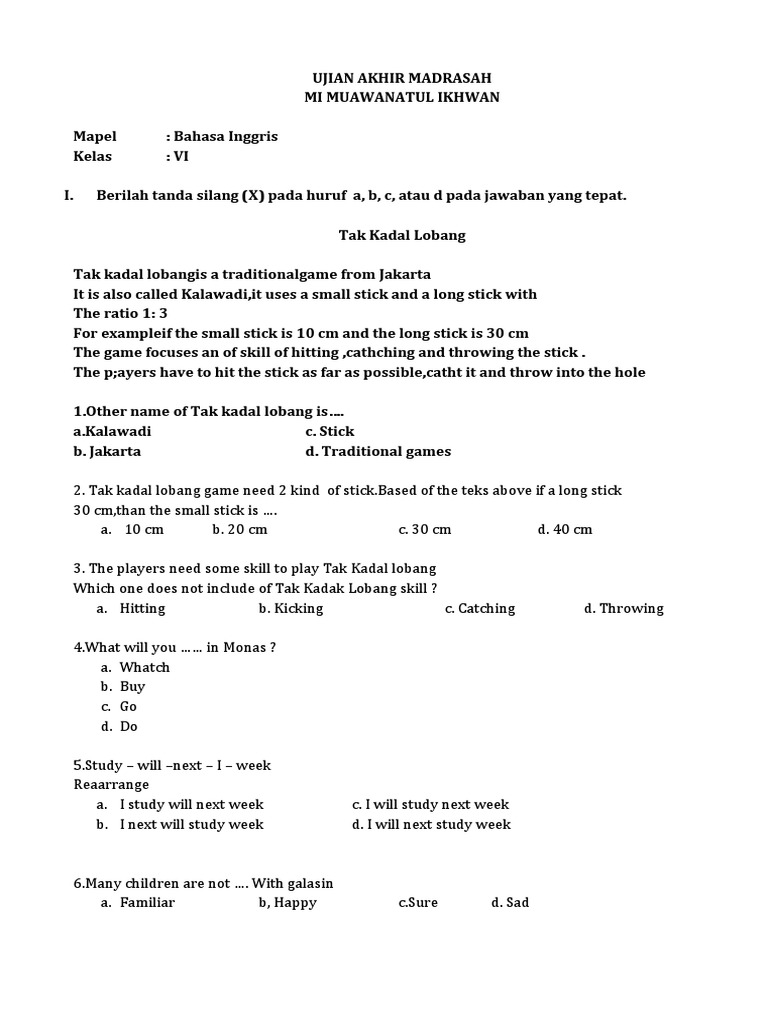  Ujian Akhir Semester Mata Pelajaran Bahasa Inggris dan IPS di MI Illustration 