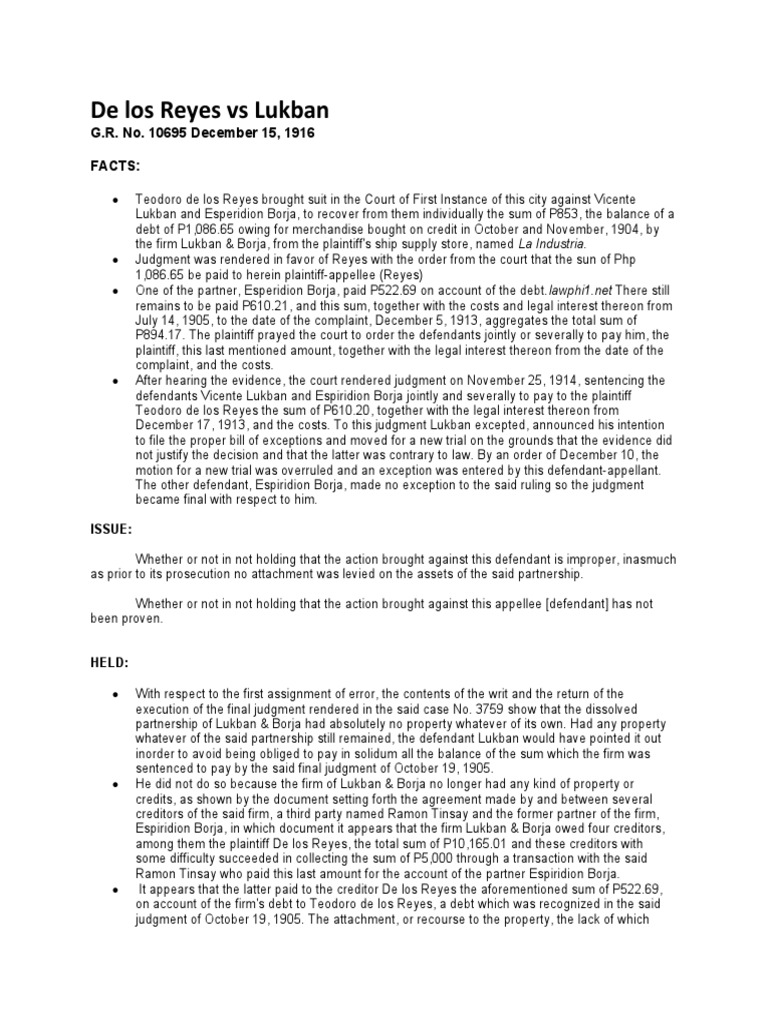 De los Reyes v. Lukban Case Summary | PDF | Judgment (Law) | Lawsuit