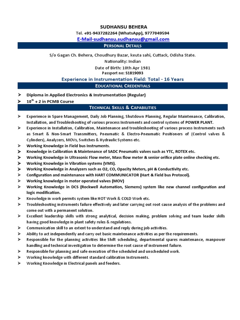 Experienced Instrumentation Engineer Resume PDF Instrumentation