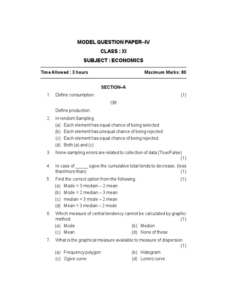 Class 11 Economics Model Question Paper | PDF | Supply And Demand ...