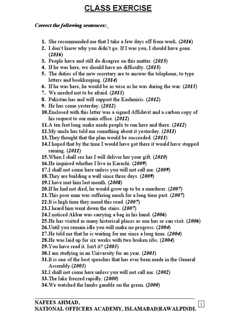 Class exercise tenses pdf