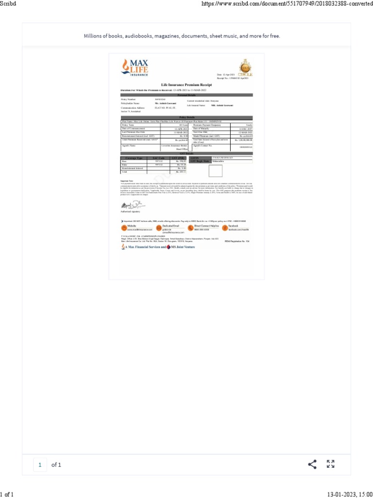 Life Insurance Premium Receipt Personal Details PDF Insurance Life