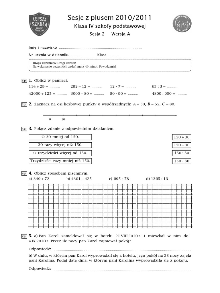 Klasa 4 Sesja Z Plusem 3 Sesje Z Plusem 2010/2011: Klasa IV Szkoły Podstawowej | PDF