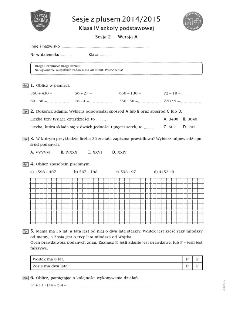 Sesja Z Plusem 1 Gimnazjum Matematyka Sesje Z Plusem 2014/2015: Klasa IV Szkoły Podstawowej | PDF