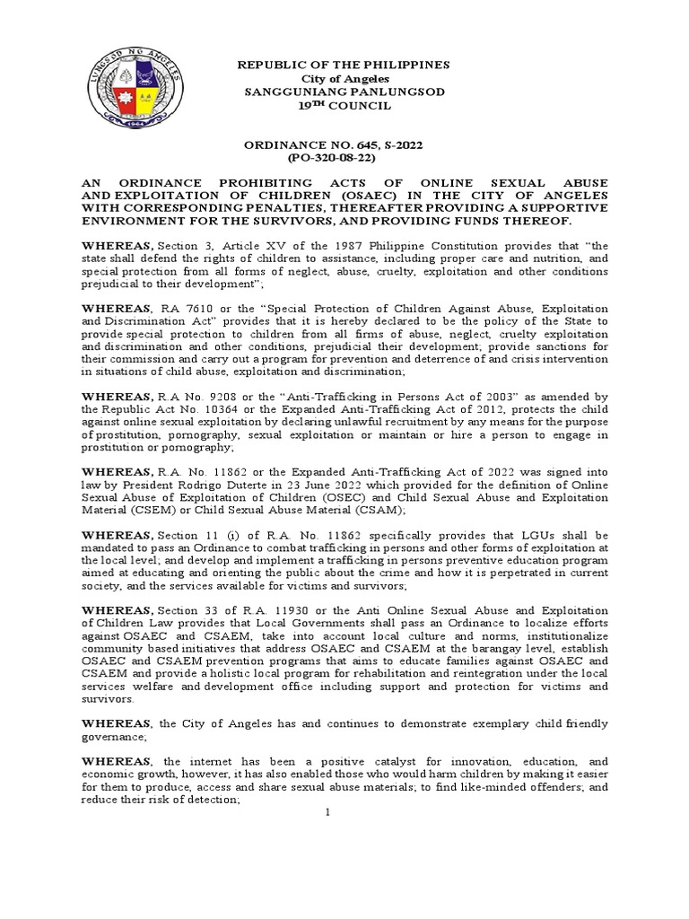 Angeles Anti-OSAEC Ordinance 2022 | PDF | Child Pornography | Human ...