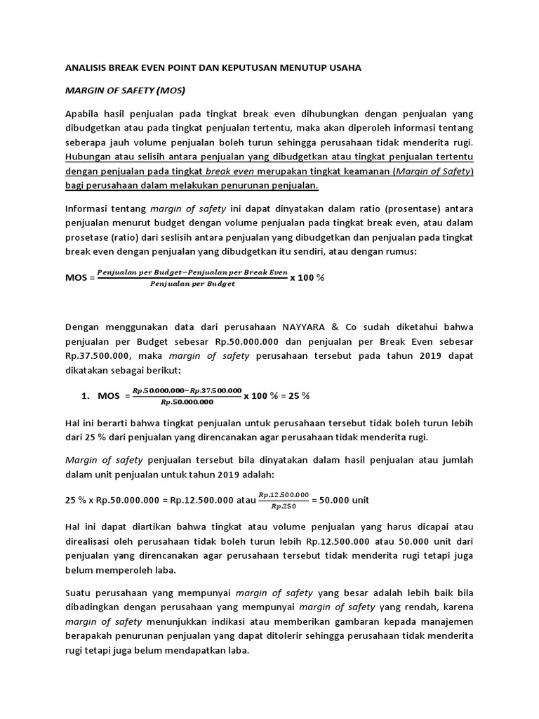 Margin of Safety (Mos) : Analisis Break Even Point Dan Keputusan ...