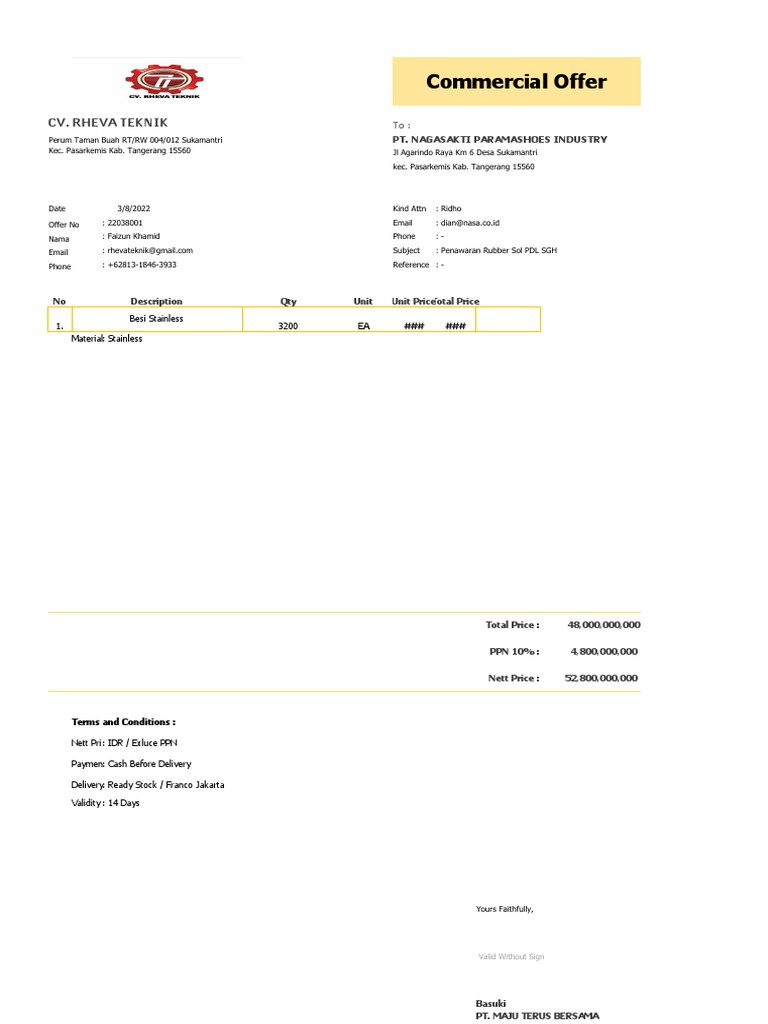 Contoh Penawaran Harga Excel PDF