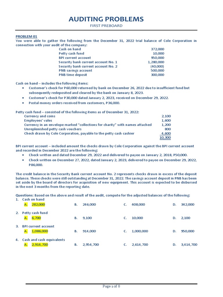Auditing Problems: First Preboard | PDF | Cheque | Banks