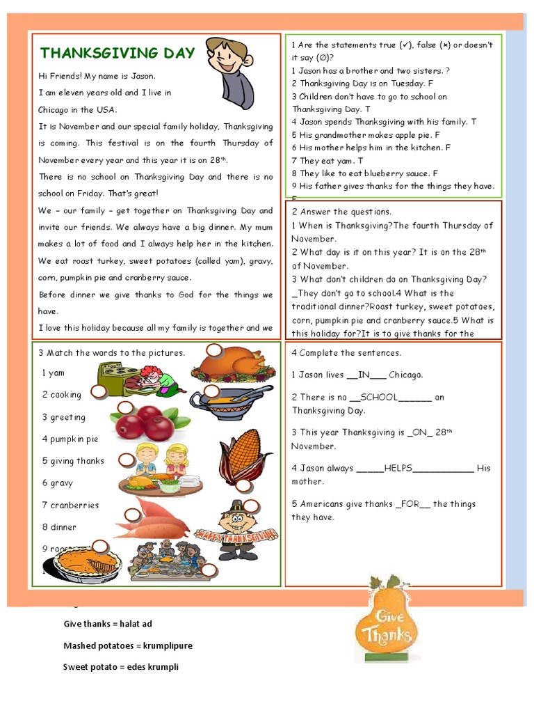 Thanksgiving Day Reading Comprehension Exercises PDF Thanksgiving