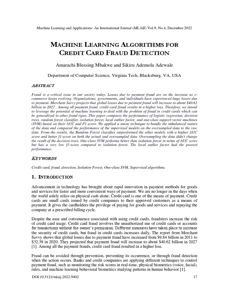 Machine Learning Algorithms For Credit Card Fraud Detection | PDF