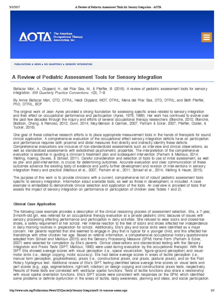 A Review of Pediatric Assessment Tools For Sensory Integration AOTA ...