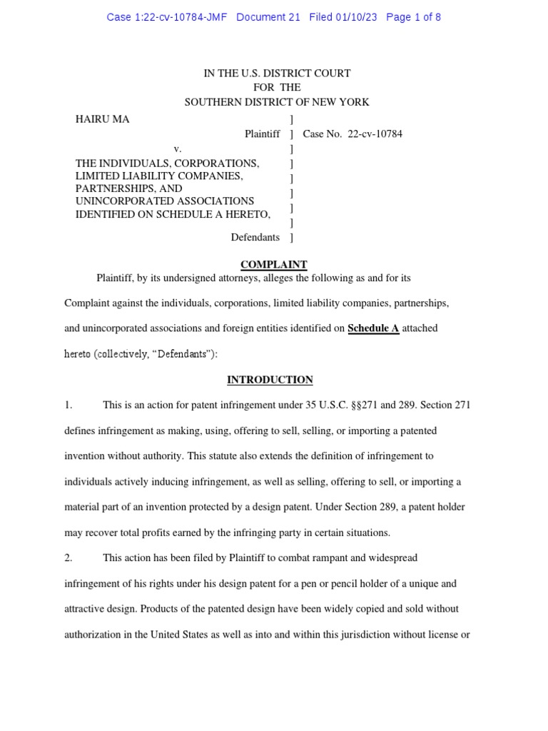 Ma v. Schedule A (1:22-cv-10784) | PDF | Patent | Patent Infringement