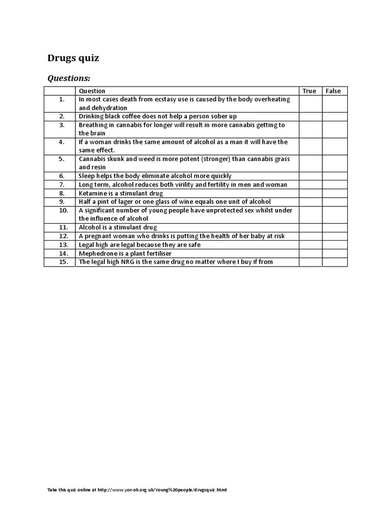 Drug and Alcohol Quiz with Answers | PDF | Cannabis (Drug) | Public Health